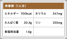 栄養価（1人分）エネルギー700kcal カリウム347mg たんぱく質20.3g リン255mg 食塩相当量1.6g
