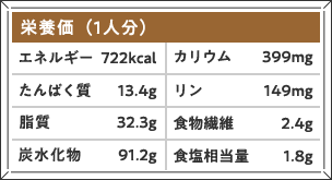 栄養価（1人分）エネルギー722kcal たんぱく質13.4g 脂質 32.3g 炭水化物 91.2g カリウム399mg リン149mg 食物繊維 2.4g 食塩相当量1.8g