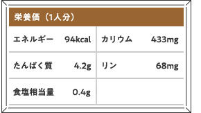 栄養価（1人分）エネルギー94kcal カリウム433mg たんぱく質4.2g リン68mg 食塩相当量0.6g