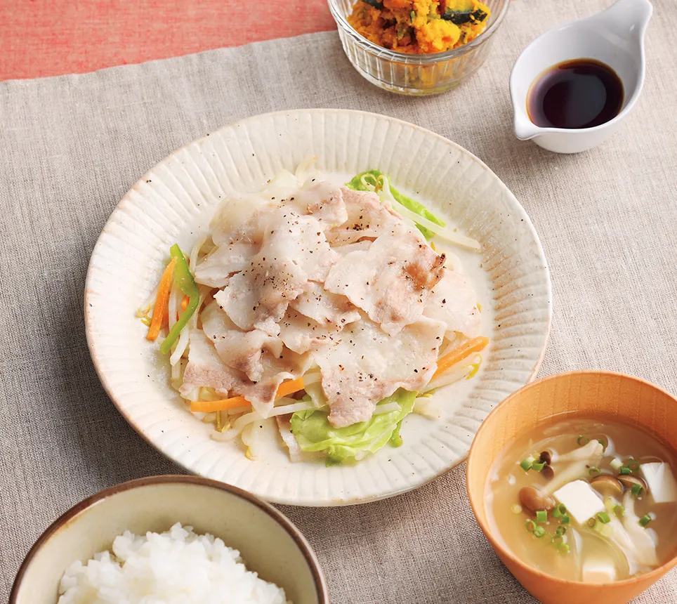 豚肉と野菜の電子レンジ蒸しの献立