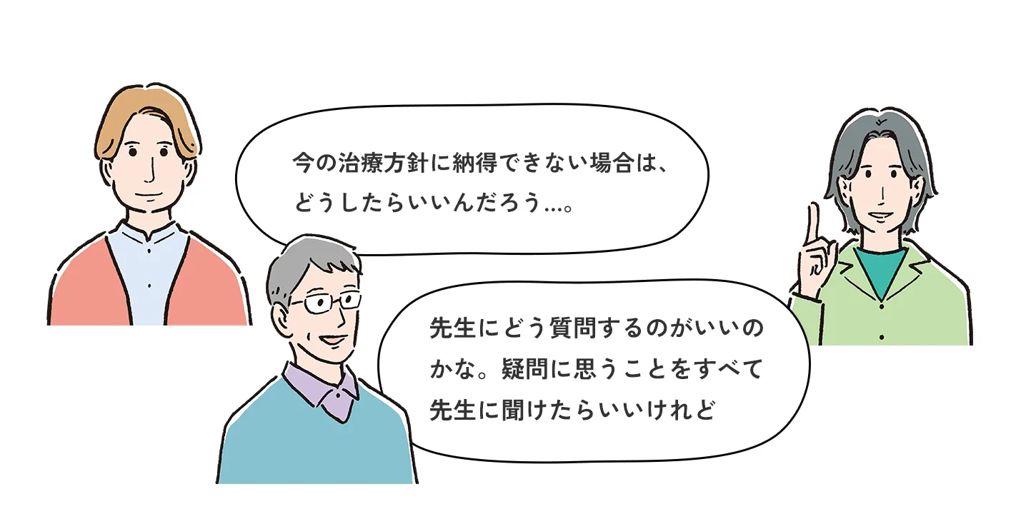 今の治療方針に納得できない場合は、どうしたらいいんだろう…。先生にどう質問するのがいいのかな。疑問に思うことをすべて先生に聞けたらいいけれど…。