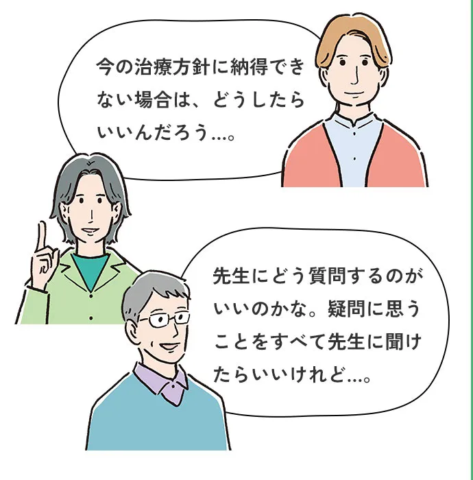 今の治療方針に納得できない場合は、どうしたらいいんだろう…。先生にどう質問するのがいいのかな。疑問に思うことをすべて先生に聞けたらいいけれど…。
